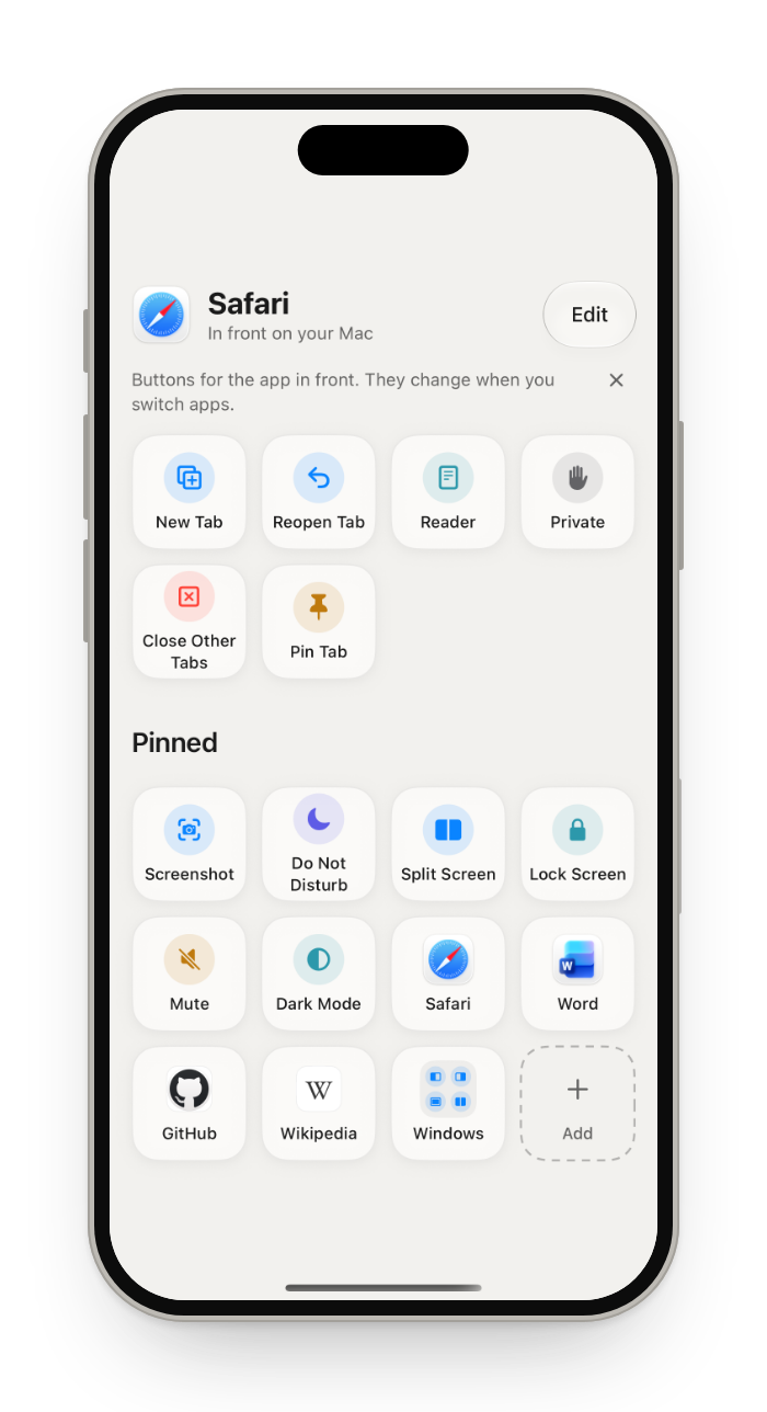 Actions: Safari's buttons on top, Pinned buttons below