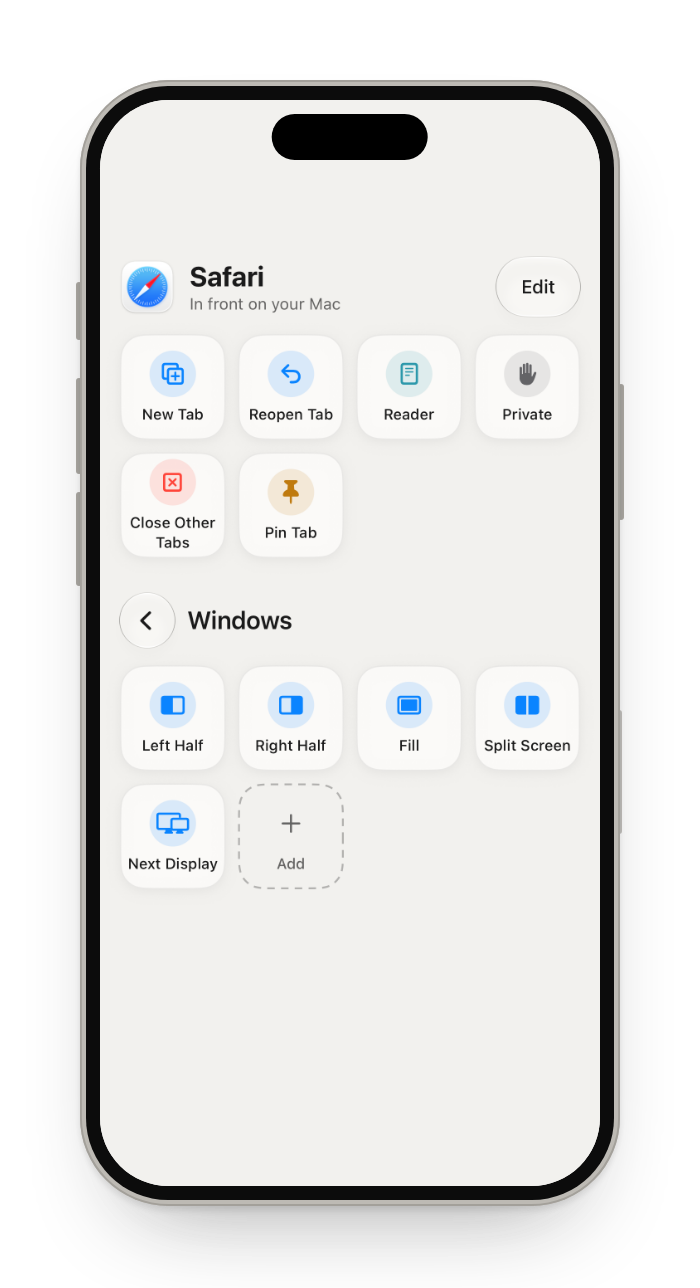 Actions with the Windows folder open: Left Half, Right Half, Fill, Split Screen and Next Display