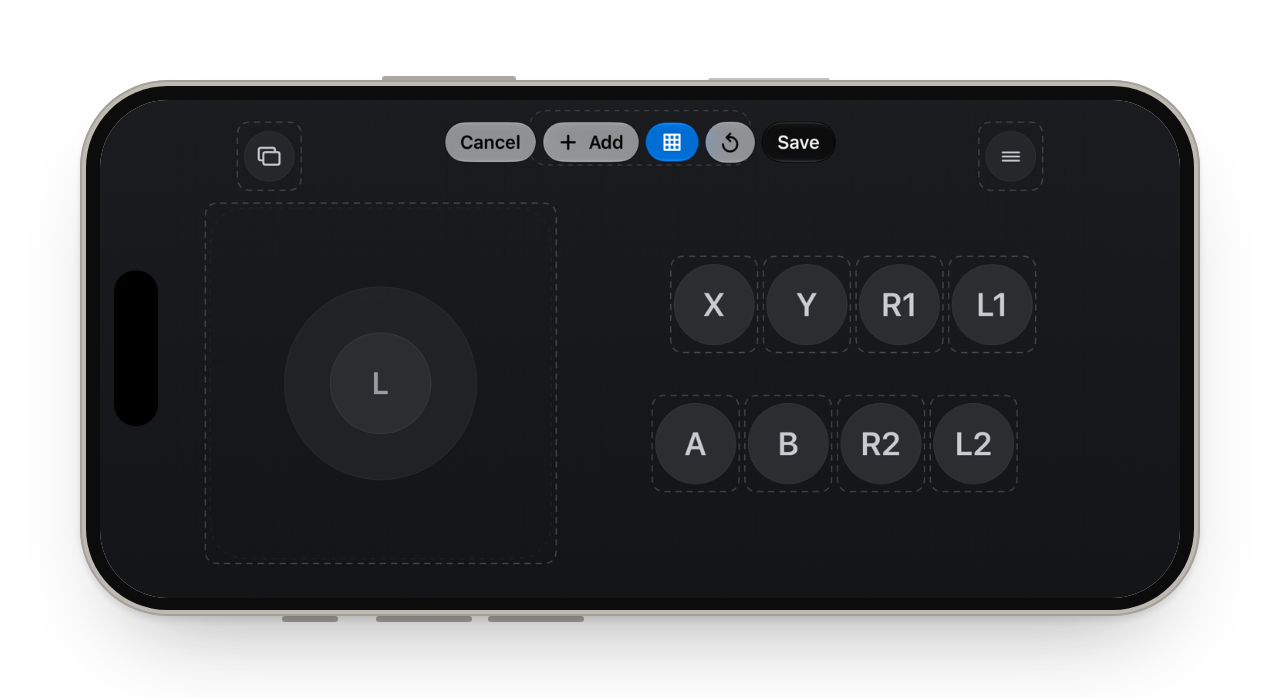 The Game layout editor: dashed outlines around every control, with Cancel, Add, a grid button, undo and Save