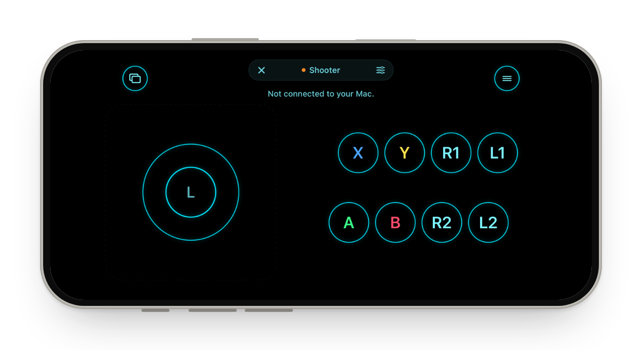 The Fight layout in Game, in the Neon skin: one stick and eight buttons in two rows