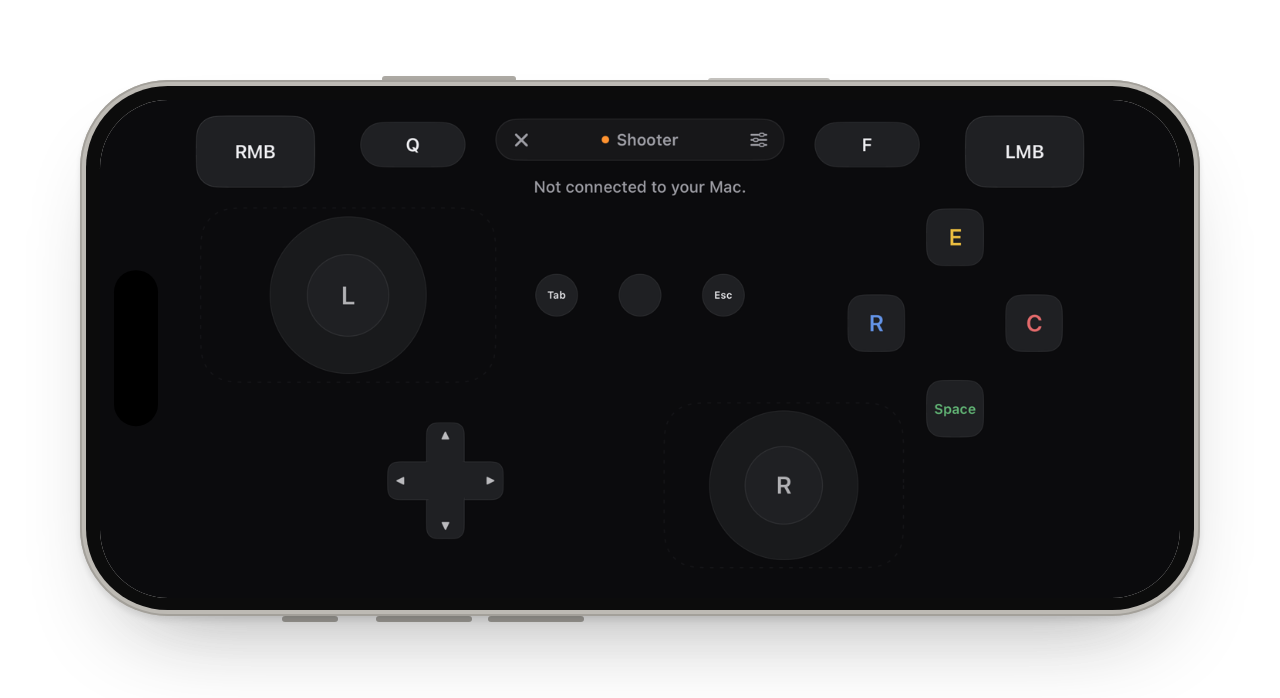 Game with Mapped keys labels: the buttons read the keys they press, such as E, R, C, Space, LMB and RMB