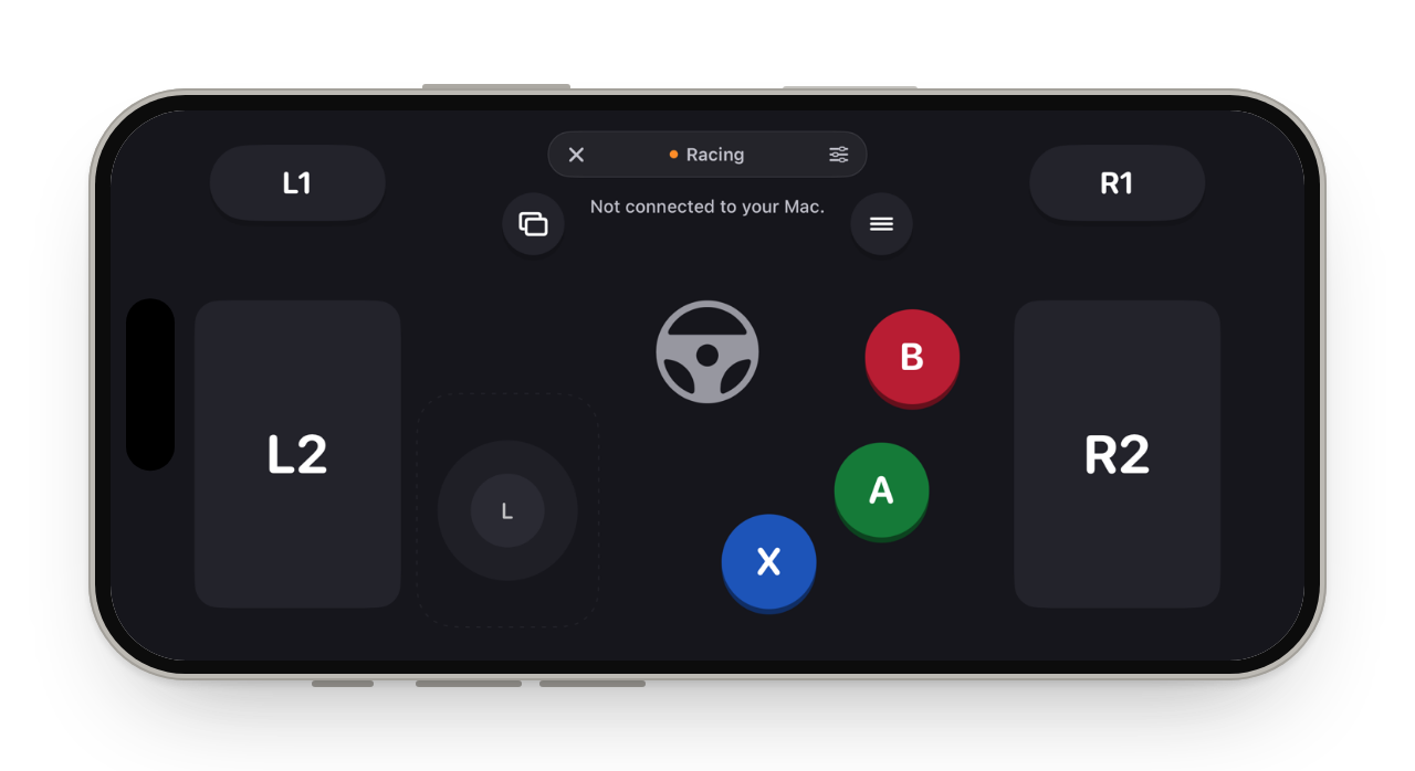 The Racing layout in Game: tall L2 and R2 pedals at the sides, a steering wheel for tilt steering, and A, B and X