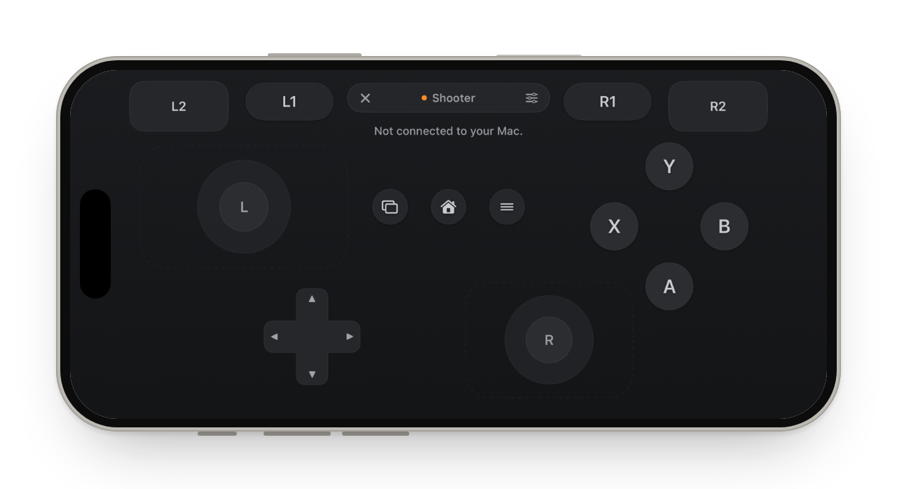 Game, sideways: the Xbox layout with two sticks, a d-pad, A, B, X and Y, and four shoulder buttons