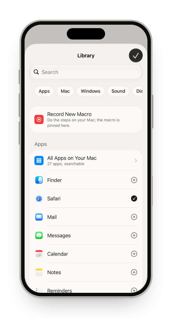 Library: search, Pinned, Record New Macro, and apps with add buttons