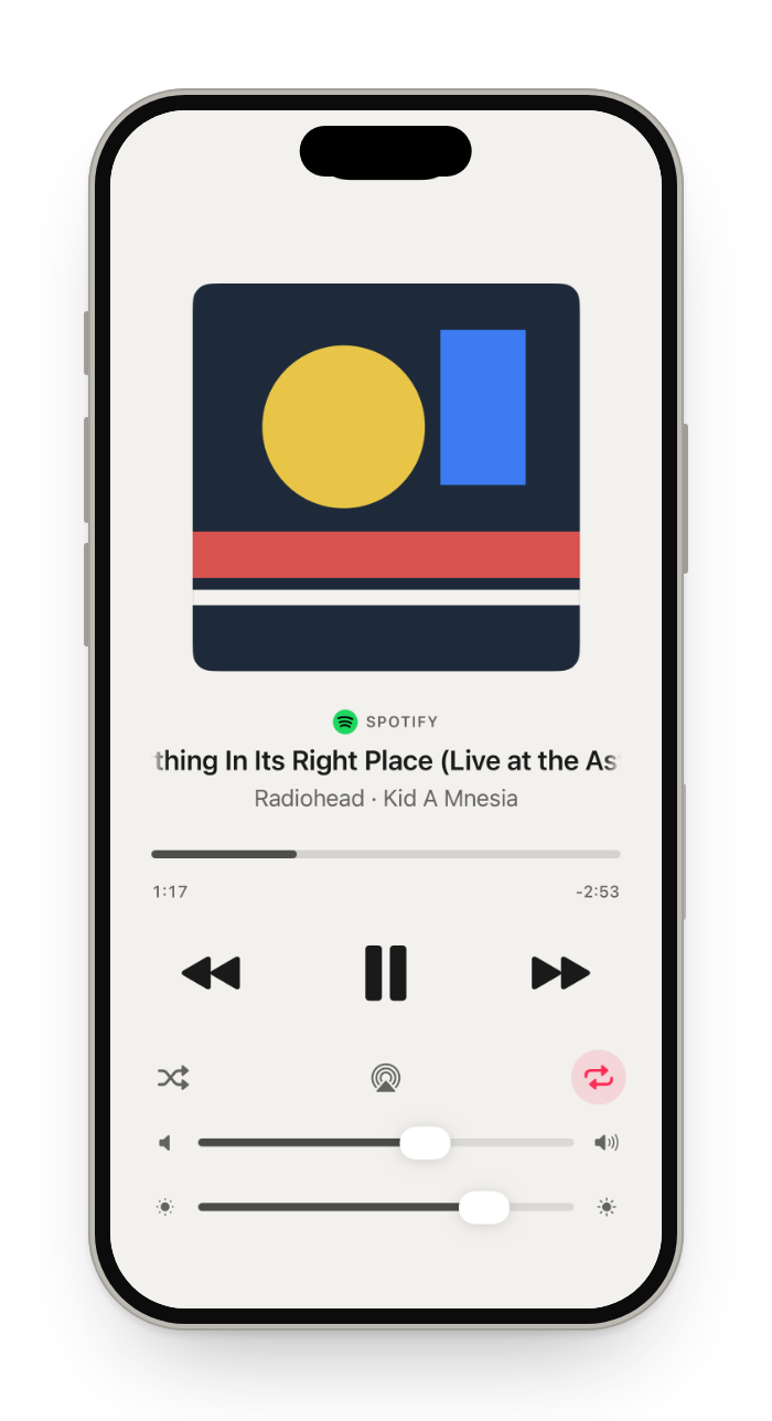 Media: artwork, the song, scrubber, controls, volume and brightness