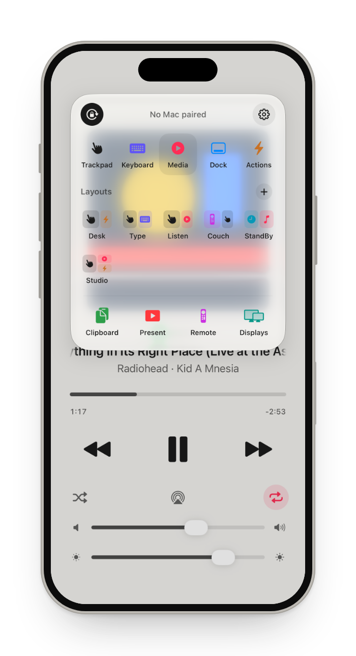 The mode menu: Trackpad, Keyboard, Media, Dock and Actions, then Layouts, then Present, Remote and Displays