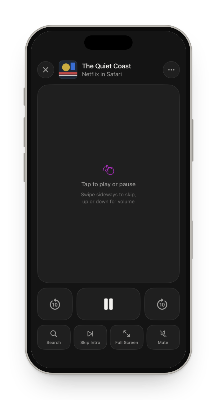 Remote: a large touch pad, skip and pause buttons, and Search, Skip Intro, Full Screen and Mute
