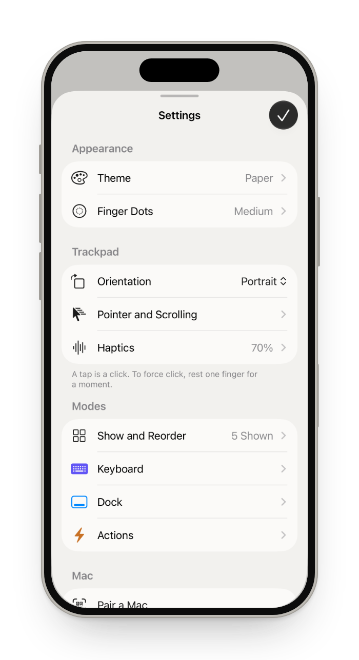 Settings: Theme and Finger Dots under Appearance, then Trackpad and Modes